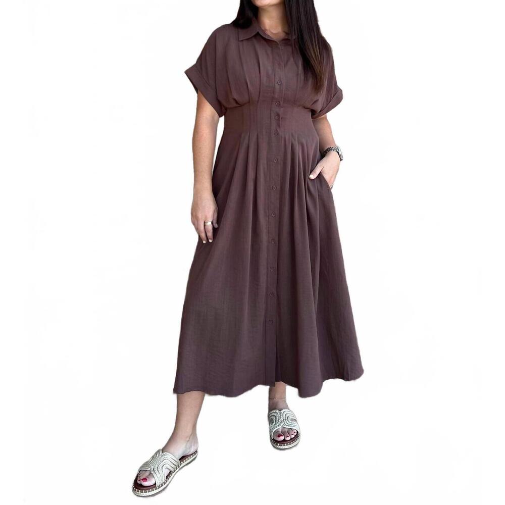 entro Brown Button-Front Midi Dress